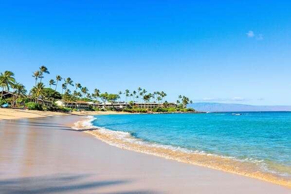 A beach with clear blue water, sandy shore, and a resort with palm trees and a building with a balcony overlooking the ocean.