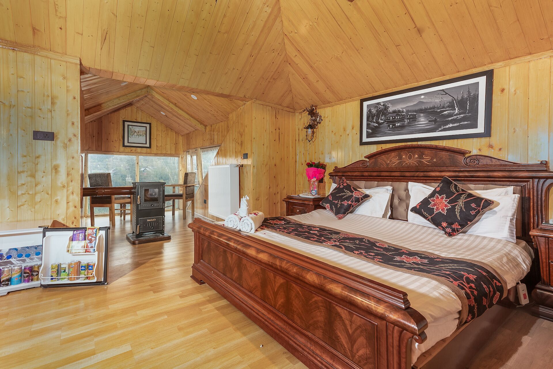 Minibar, desk, laptop workspace, iron/ironing board