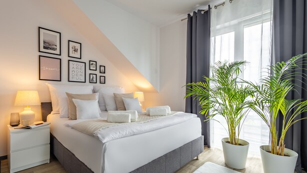 Un dormitorio moderno con una cama grande, mesitas de noche con lámparas, cuadros en la pared y dos macetas.