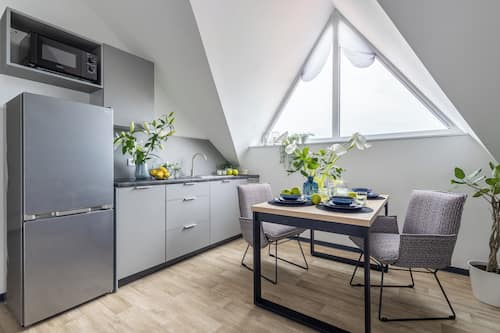 Fridge, microwave, stovetop, electric kettle