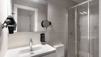 Shower, eco-friendly toiletries, hair dryer, towels