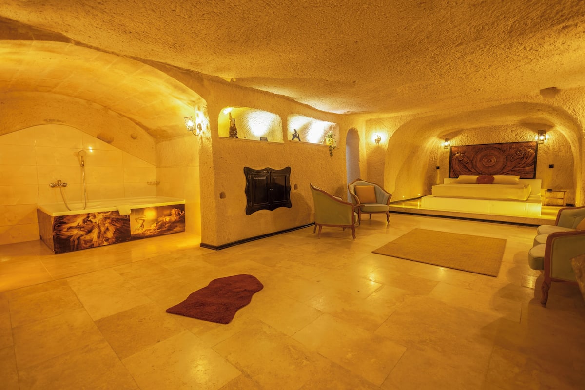 A cozy, well-lit interior with a fireplace, a bed, and a seating area.