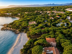 An aerial view of a coastal residential area with houses surrounded by dense greenery and a beach.