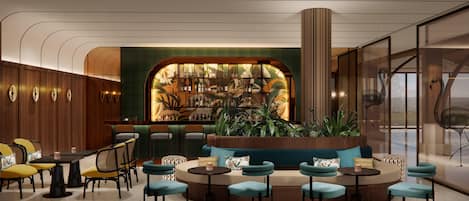A modern lounge area with a bar, seating arrangements, and a view of the outdoors.