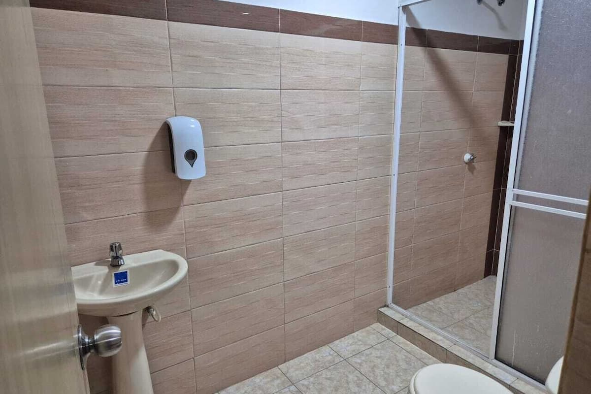 Shower, towels, soap, toilet paper