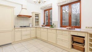 A kitchen with a large window, a built-in stove, and a cabinet with a shelf. - Lumina amazing house in Warsaw (Warsaw)