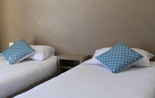 Dos camas individuales con sábanas blancas y almohadas con estampado azul, una mesita de noche pequeña y una pared lisa.