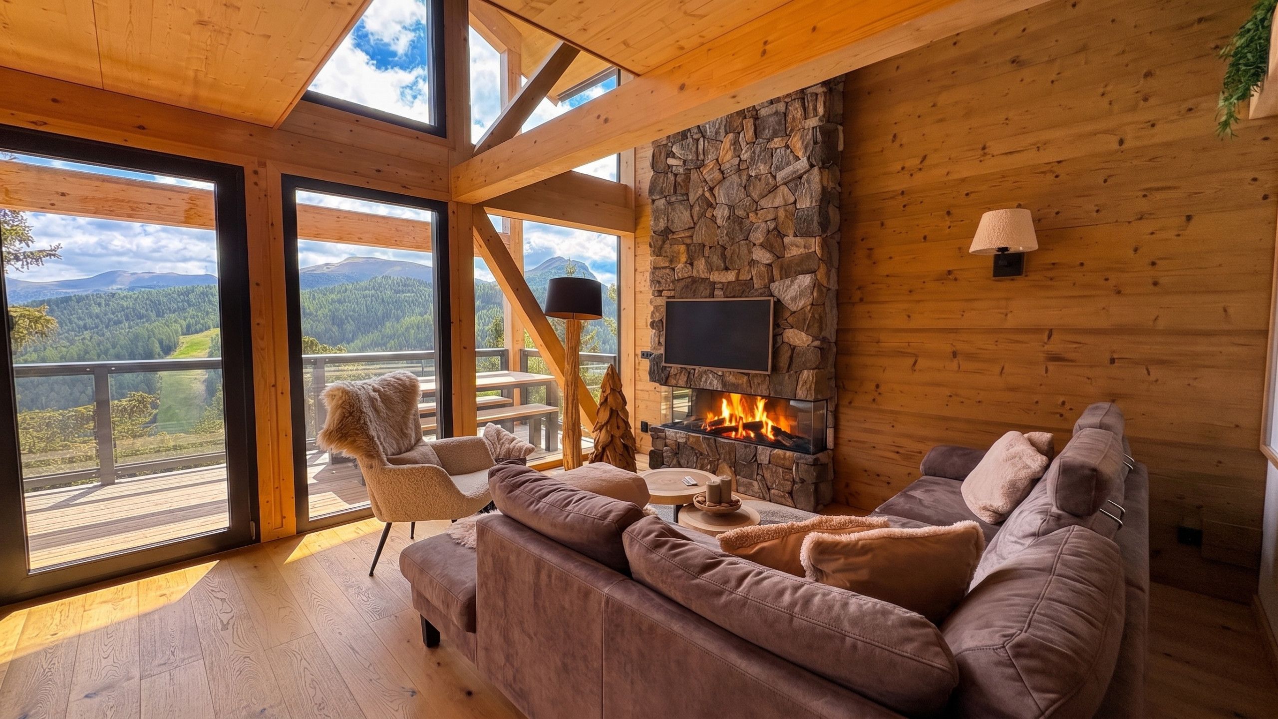 A cozy living room with a stone fireplace, wooden beams, and a view of the mountains.