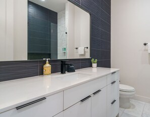 Eco-friendly toiletries, hair dryer, towels, soap