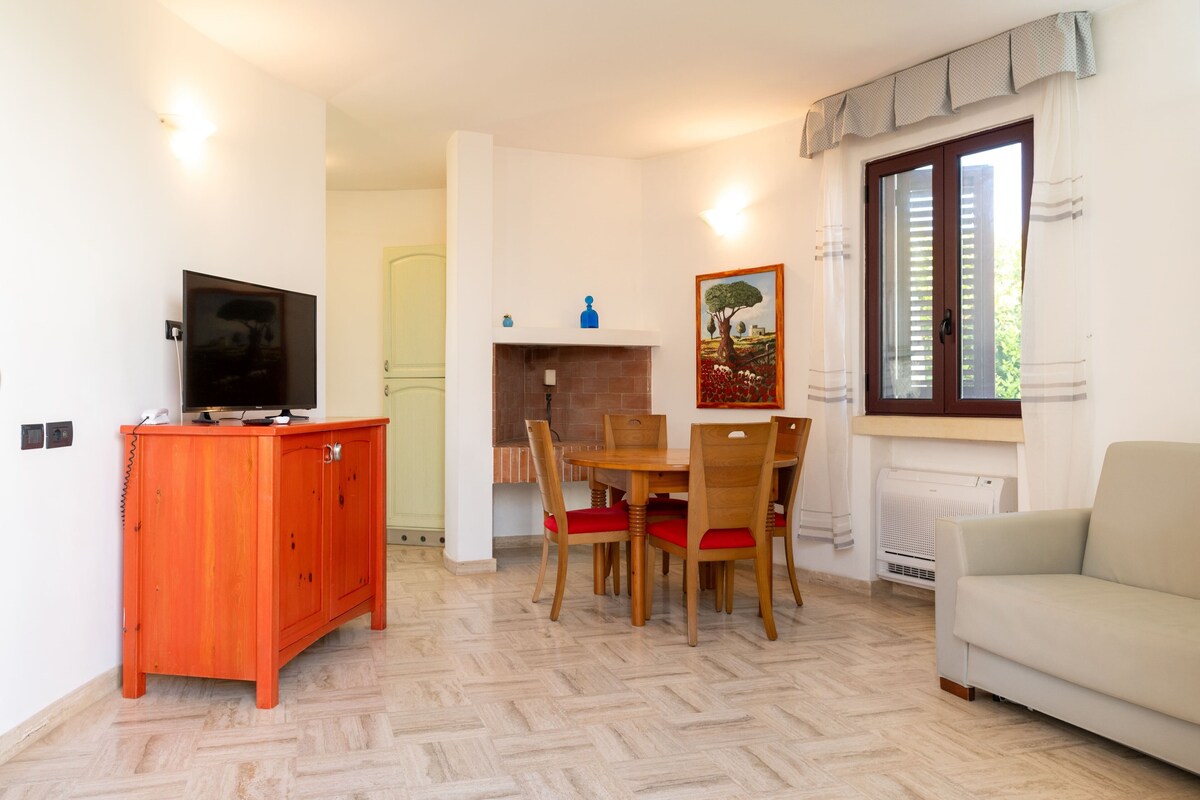 Un salon comprenant un canapé, une table à manger avec des chaises, un téléviseur posé sur un meuble et une cheminée.