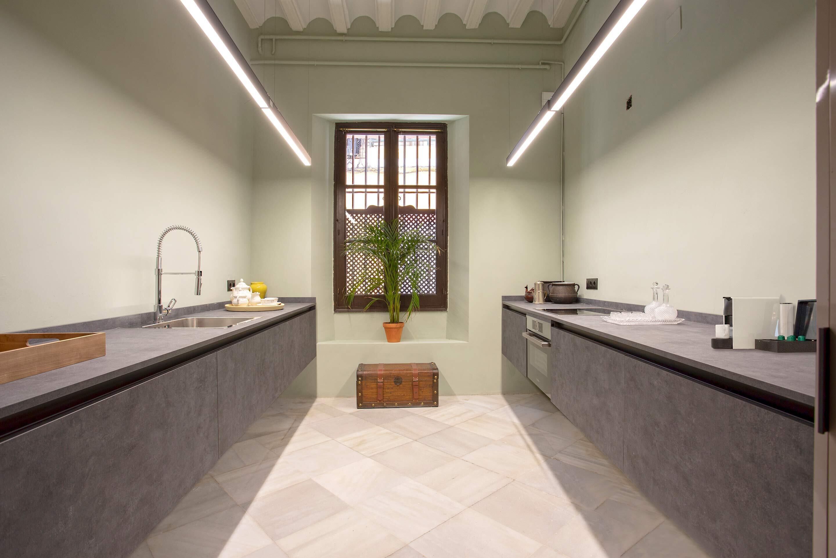 A modern kitchen with two sinks, a potted plant, and a wooden chest.