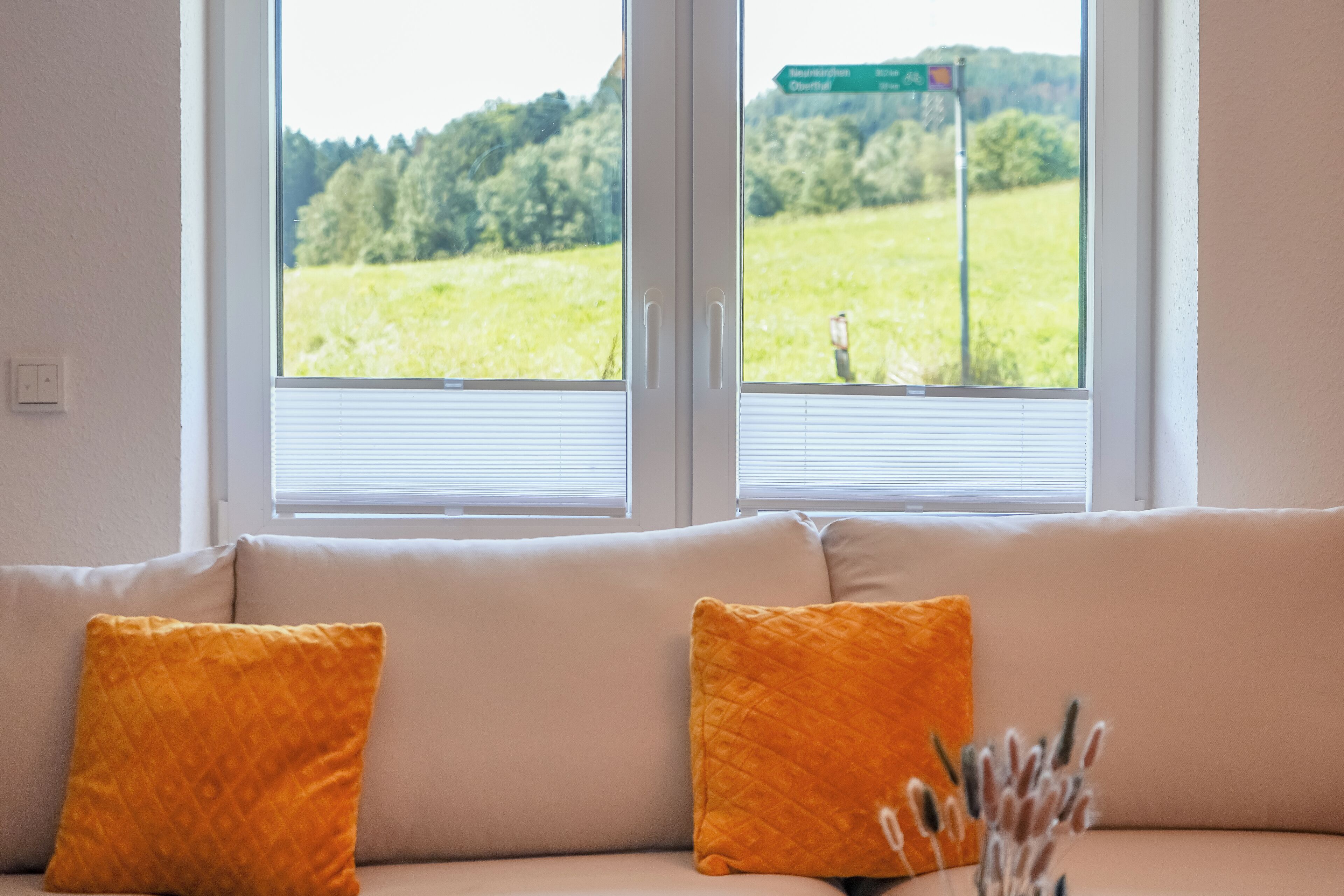 Ein Zimmer mit einer Couch, die zu einem Fenster mit Blick auf ein grünes Feld und einen Wegweiser blickt.