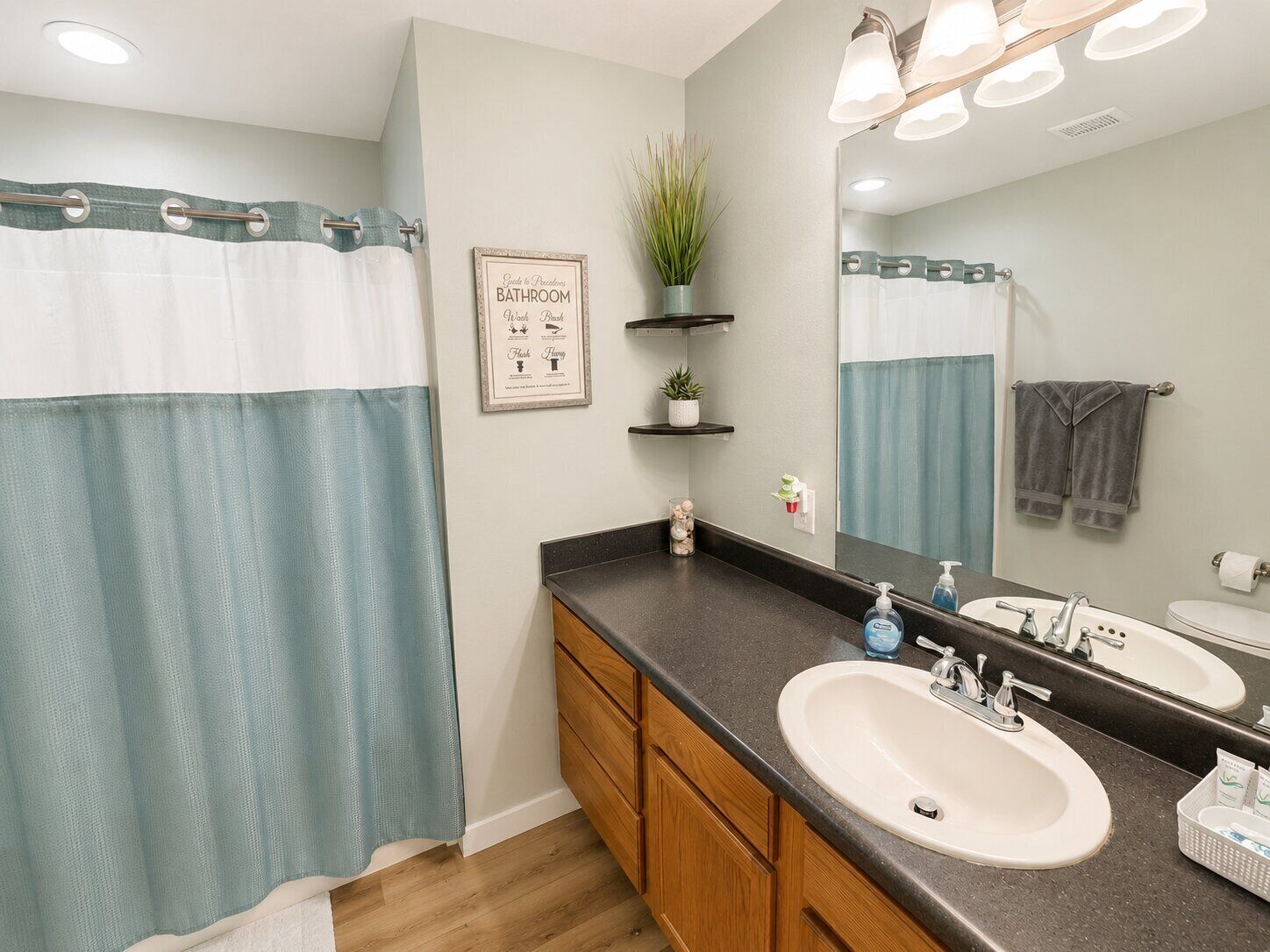 A bathroom with a shower curtain, a sink, a mirror, and a framed sign on the wall.