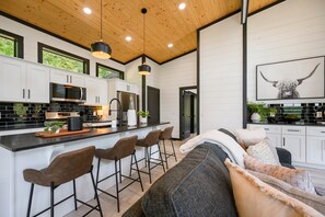 Fridge, microwave, oven, stovetop - Upscale Cabin Getaway | Hot Tub, Grill & Scenic Views (Broken Bow)