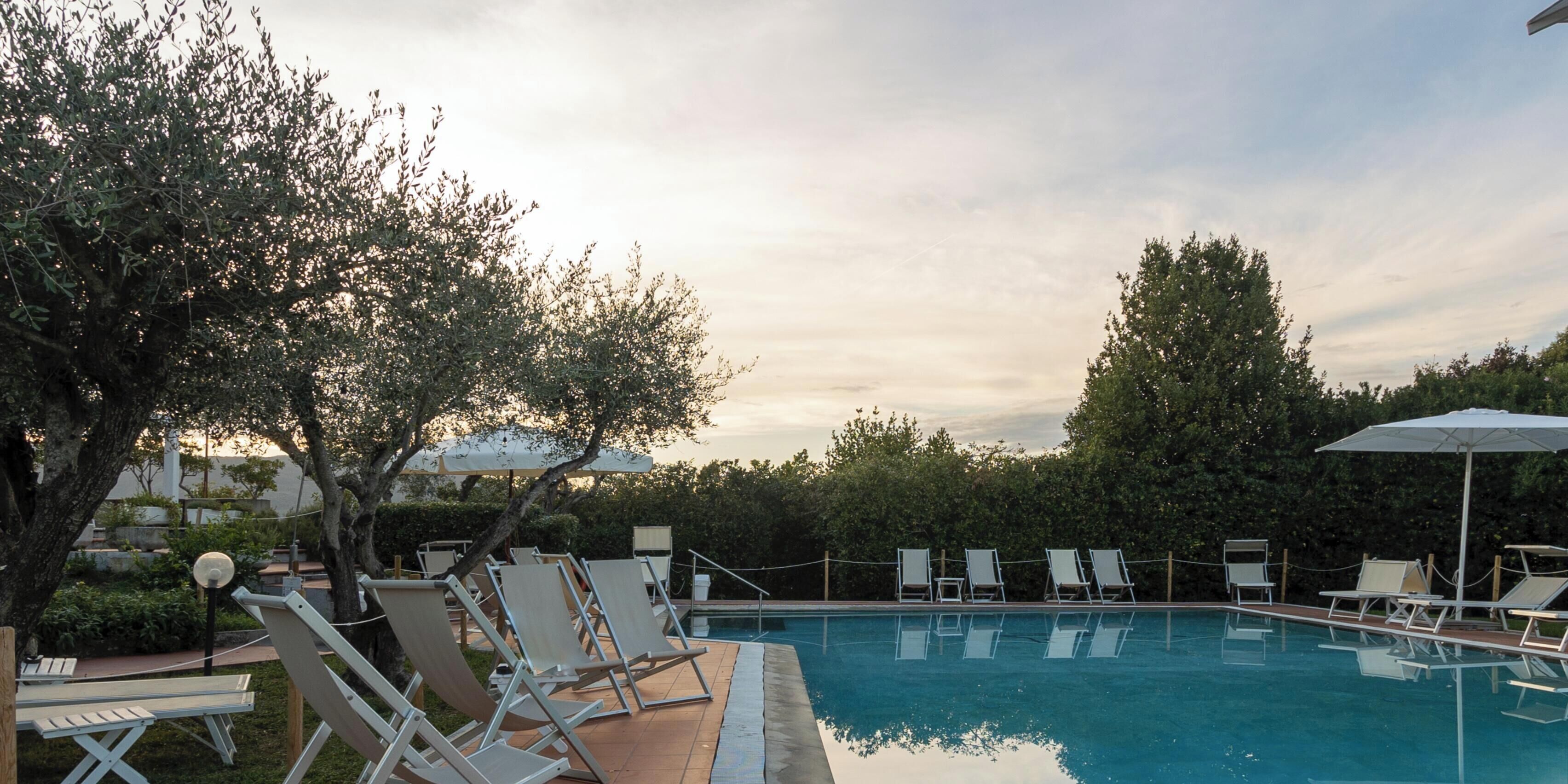 A swimming pool with lounge chairs and umbrellas, surrounded by trees and a clear sky.