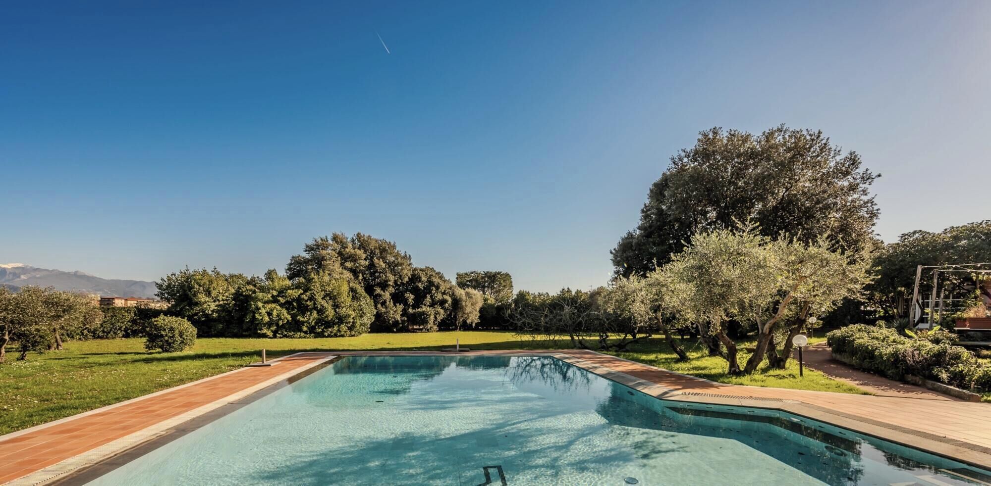 A rectangular swimming pool with a wooden deck surrounding it, set in a landscaped garden with trees and a clear sky.