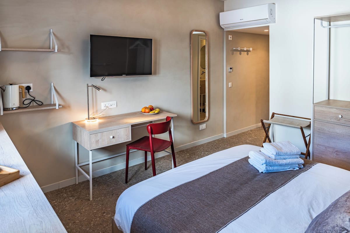 Habitación de hotel con cama, escritorio con silla, televisión, espejo y zona de ducha.