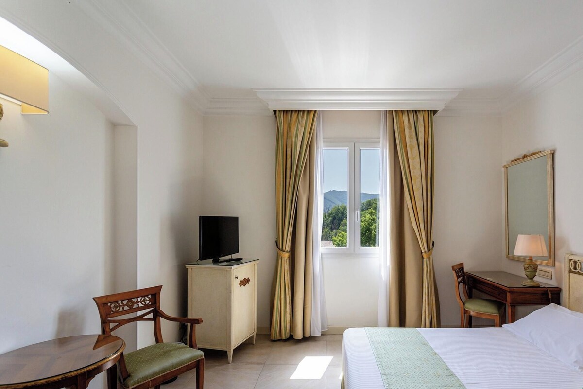 Une chambre d’hôtel avec un lit, un bureau, une chaise, un téléviseur posé sur un meuble et une fenêtre avec des rideaux.