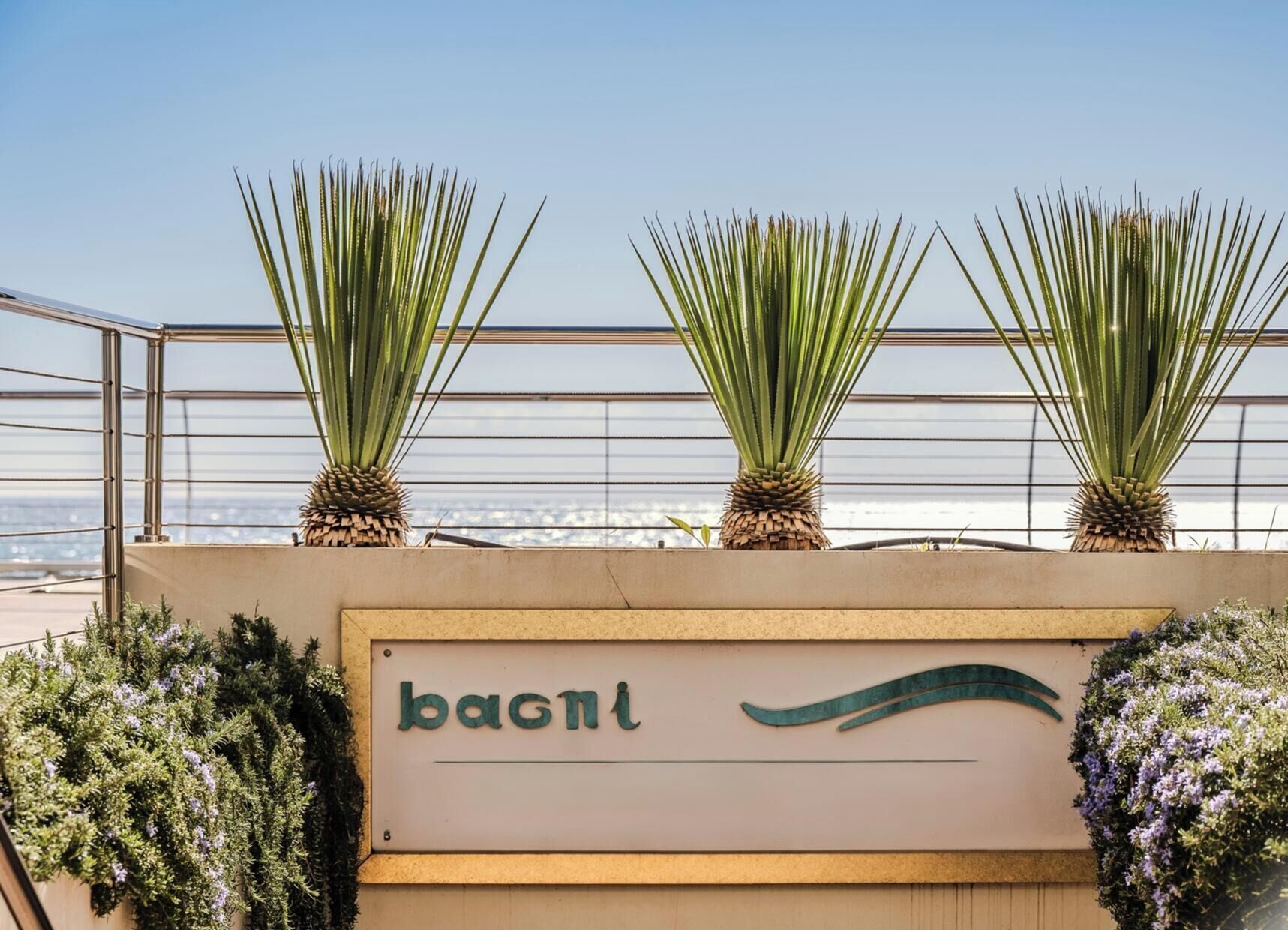 Un balcone con tre palme e un cartello con la scritta 'bagni'.