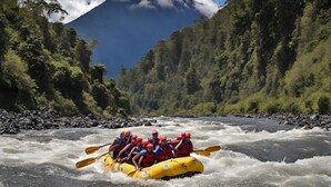 Un grupo de personas en un bote amarillo recorriendo un río rodeado de exuberante vegetación y una montaña al fondo.