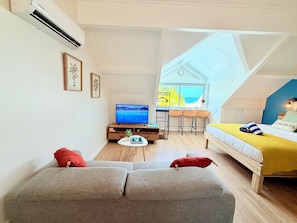 A compact room with a TV, sofa, bed, and a view of the sea.