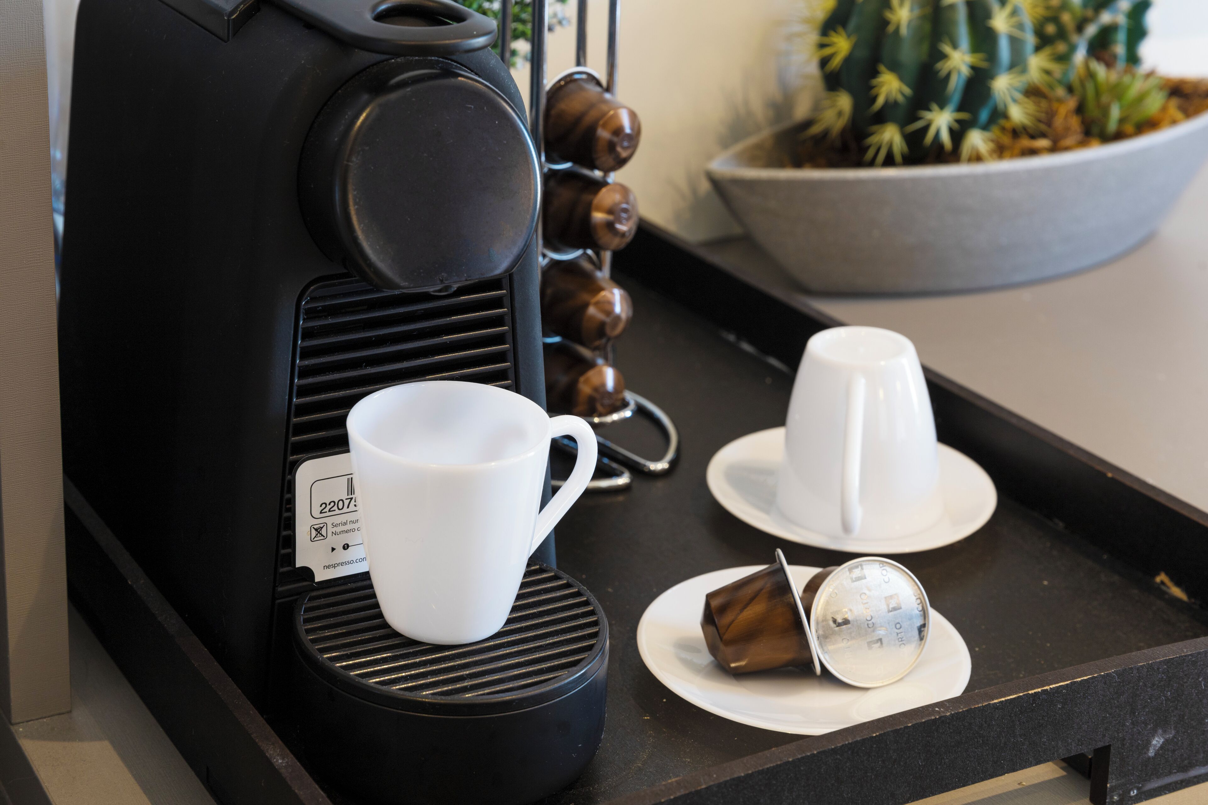 A coffee machine with a cup and saucer on a tray, a small plant, and a metal container.
