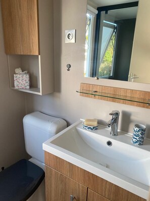 Regadera, secadora de cabello, jabón, papel de baño