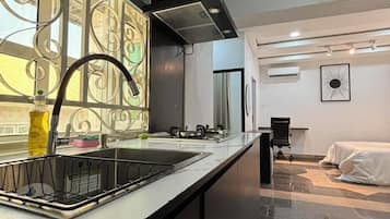 Family Apartment, Balcony, City View | Private kitchen | Fridge, microwave, oven, stovetop