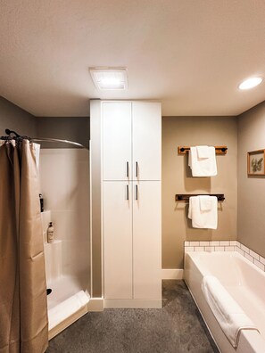 Hair dryer, towels, soap, toilet paper