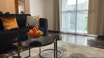Departamento estándar, vista al jardín | Área de sala de estar | Televisión
