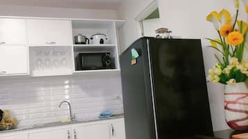 Fridge, microwave, stovetop, electric kettle