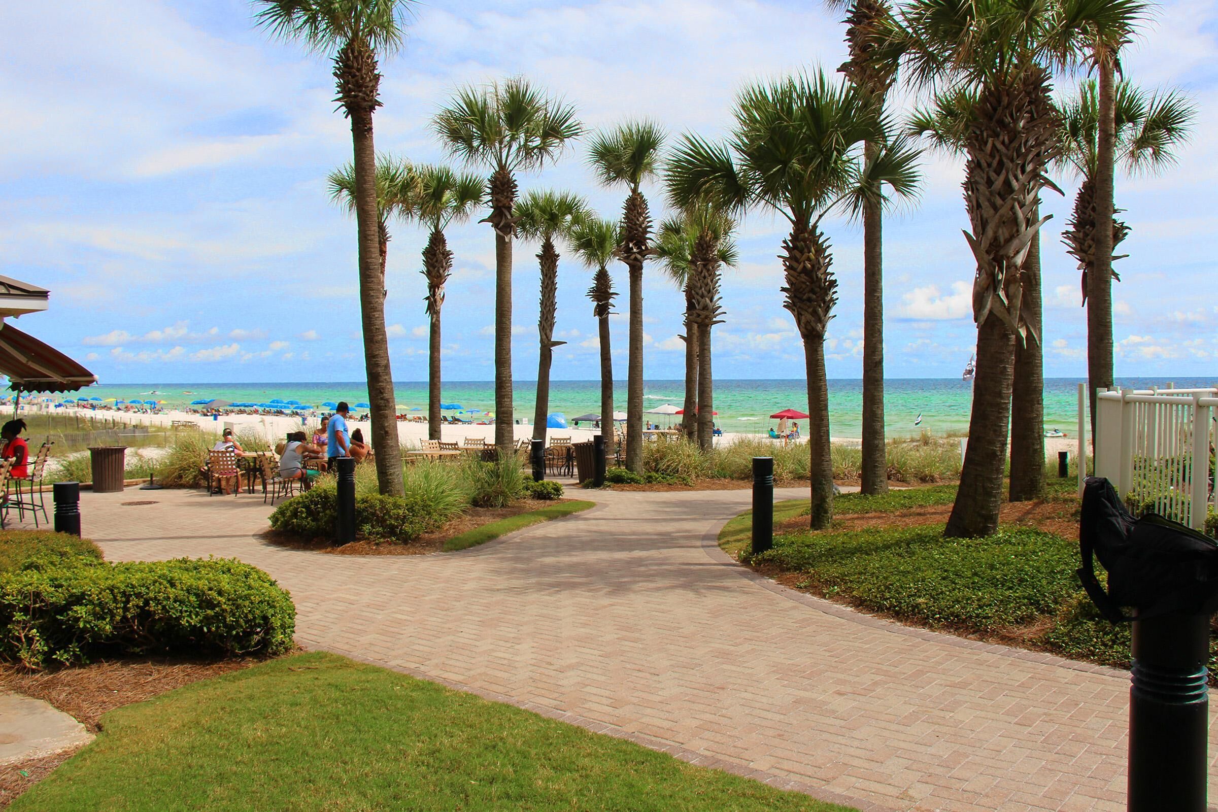A paved pathway lined with palm trees leading to a beach area with umbrellas and beach chairs.
