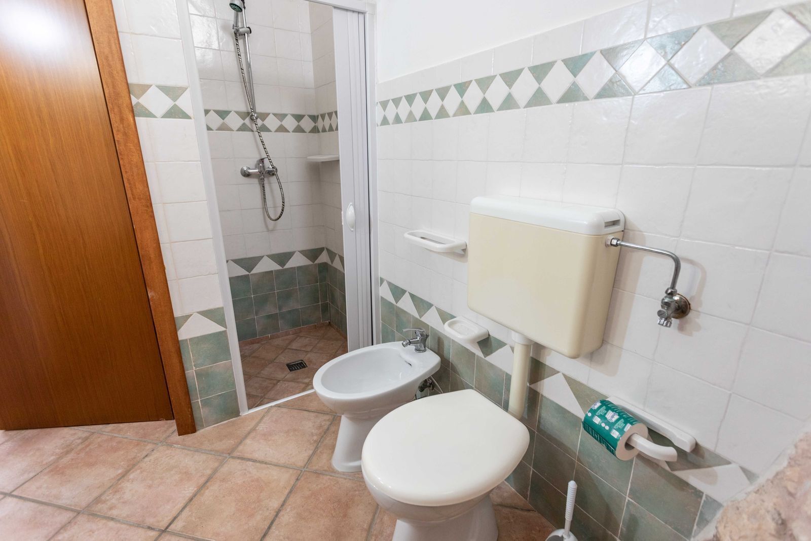 A bathroom with a toilet, bidet, and shower.