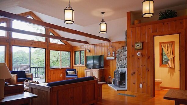 A cabin interior with a wooden interior, a fireplace, a television, and large windows. - Come stay at our four season resort! (Weare)