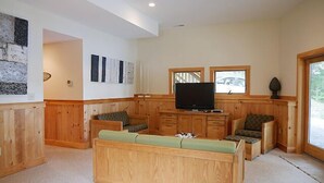 A wooden-paneled living room with a large flat-screen TV, two windows, and a green sofa. - Come stay at our four season resort! (Weare)