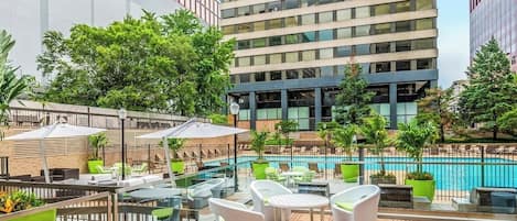 Seasonal outdoor pool, pool umbrellas, pool loungers
