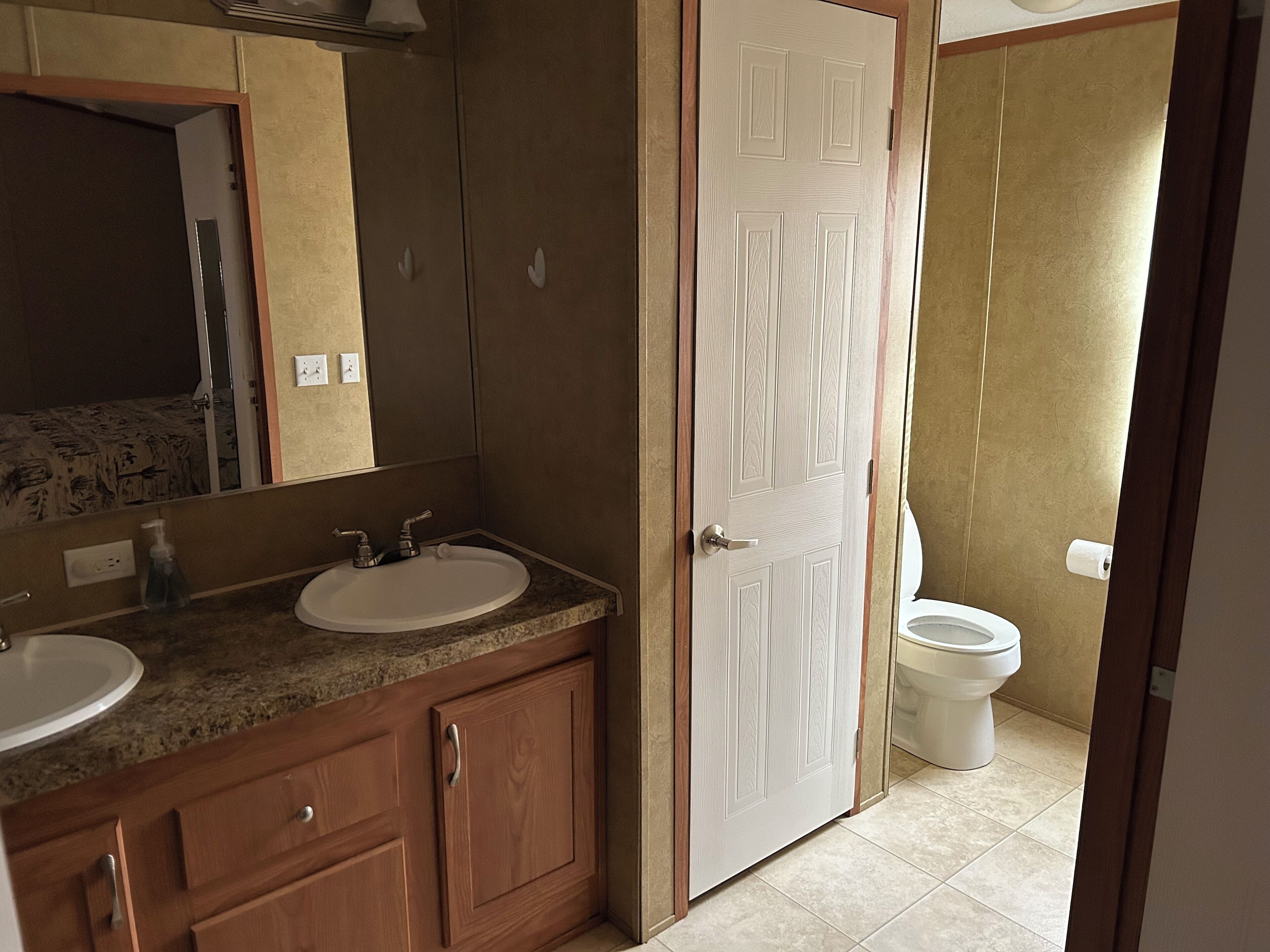 A bathroom with a sink, mirror, and toilet.