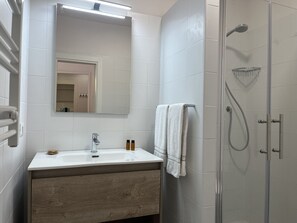 Shower, hair dryer, bidet, towels