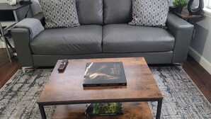 Un salon moderne avec un canapé en cuir gris, des coussins décoratifs à motifs, une table basse en bois et une télécommande.