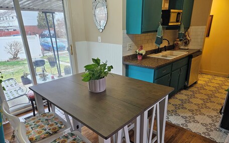 A kitchen with teal cabinets, a wooden table, and a potted plant.