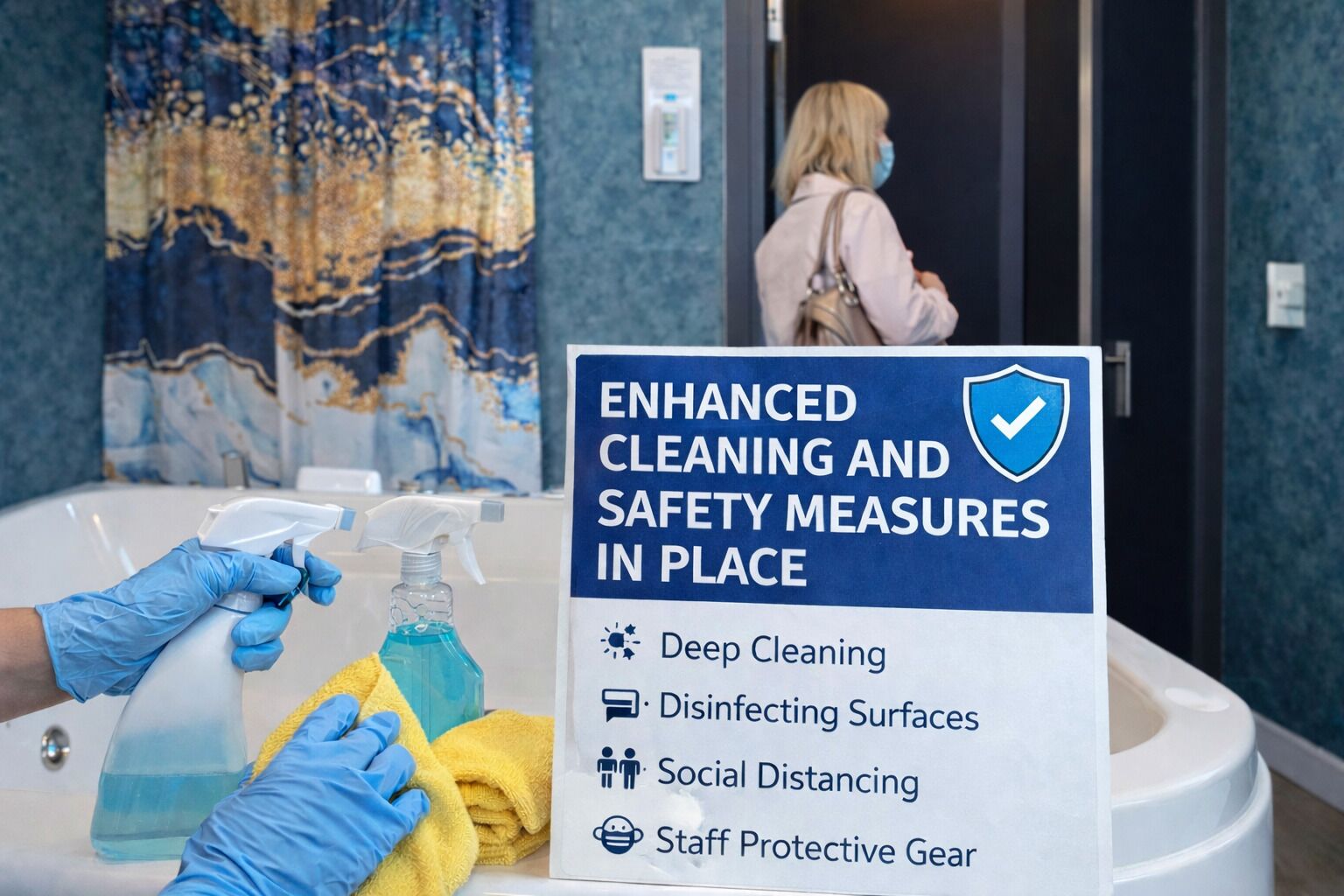A sign indicating enhanced cleaning and safety measures in a bathroom, including deep cleaning, disinfecting surfaces, social distancing, and staff protective gear.