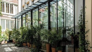 A courtyard with a glass conservatory, potted plants, and a cobblestone path.