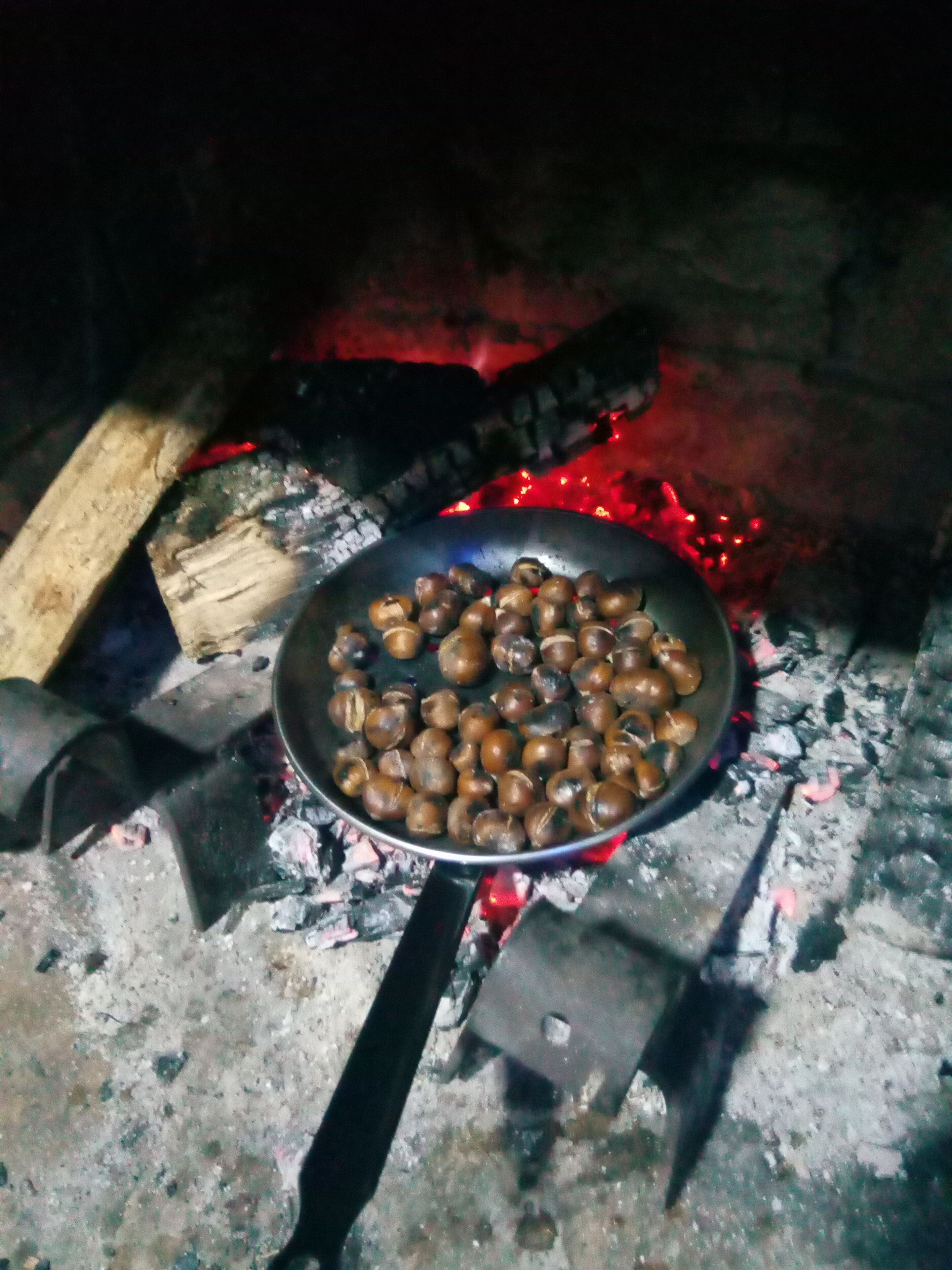 A pan of chestnuts cooking over an open fire.