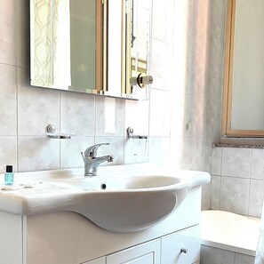 Hair dryer, bidet, towels, soap