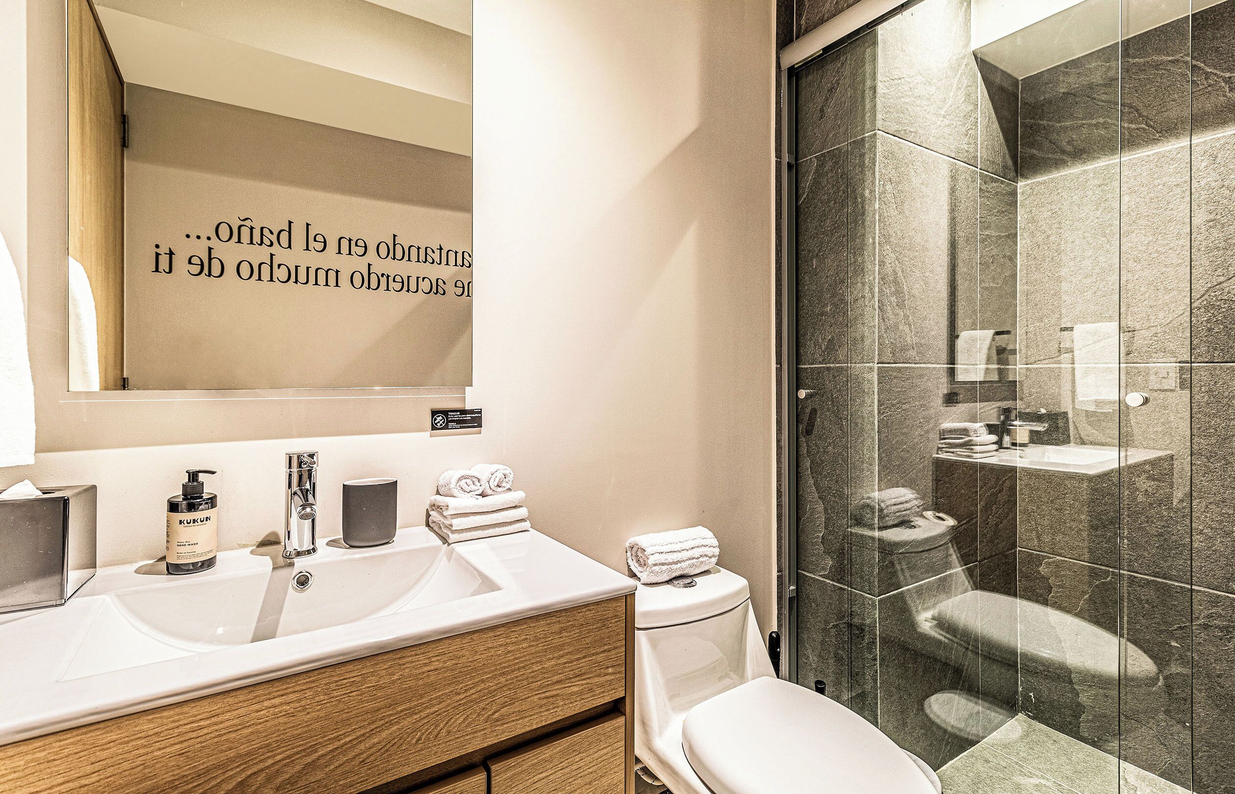 Apartamento sénior | Baño | Ducha, artículos de higiene personal de diseño y secador de pelo