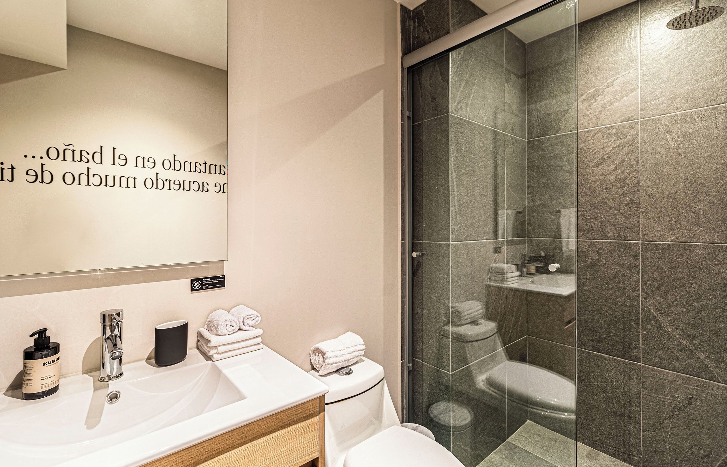 A modern bathroom with a white sink, a mirror, a toilet, and a glass-enclosed shower area.