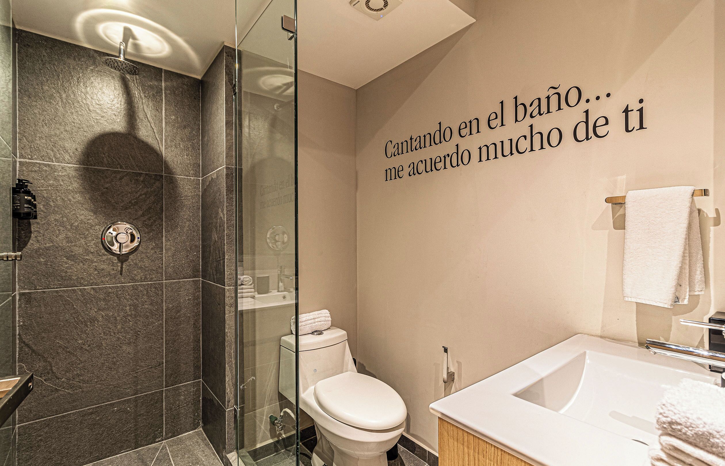Une salle de bain moderne avec une douche à parois de verre, des toilettes blanches et un lavabo doté d’un porte-serviettes.