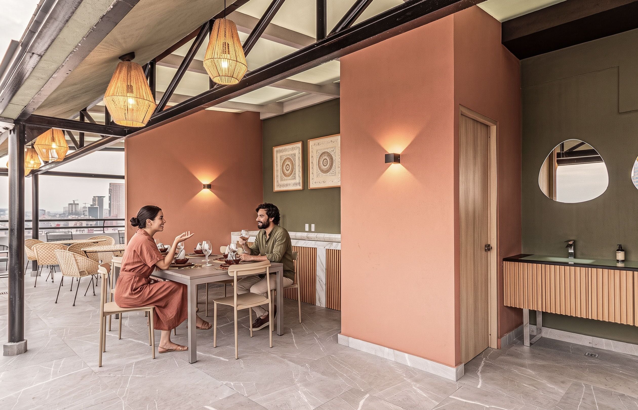 Un interior moderno con zona de comedor que incluye una mesa y sillas, vistas a la ciudad y apliques decorativos.