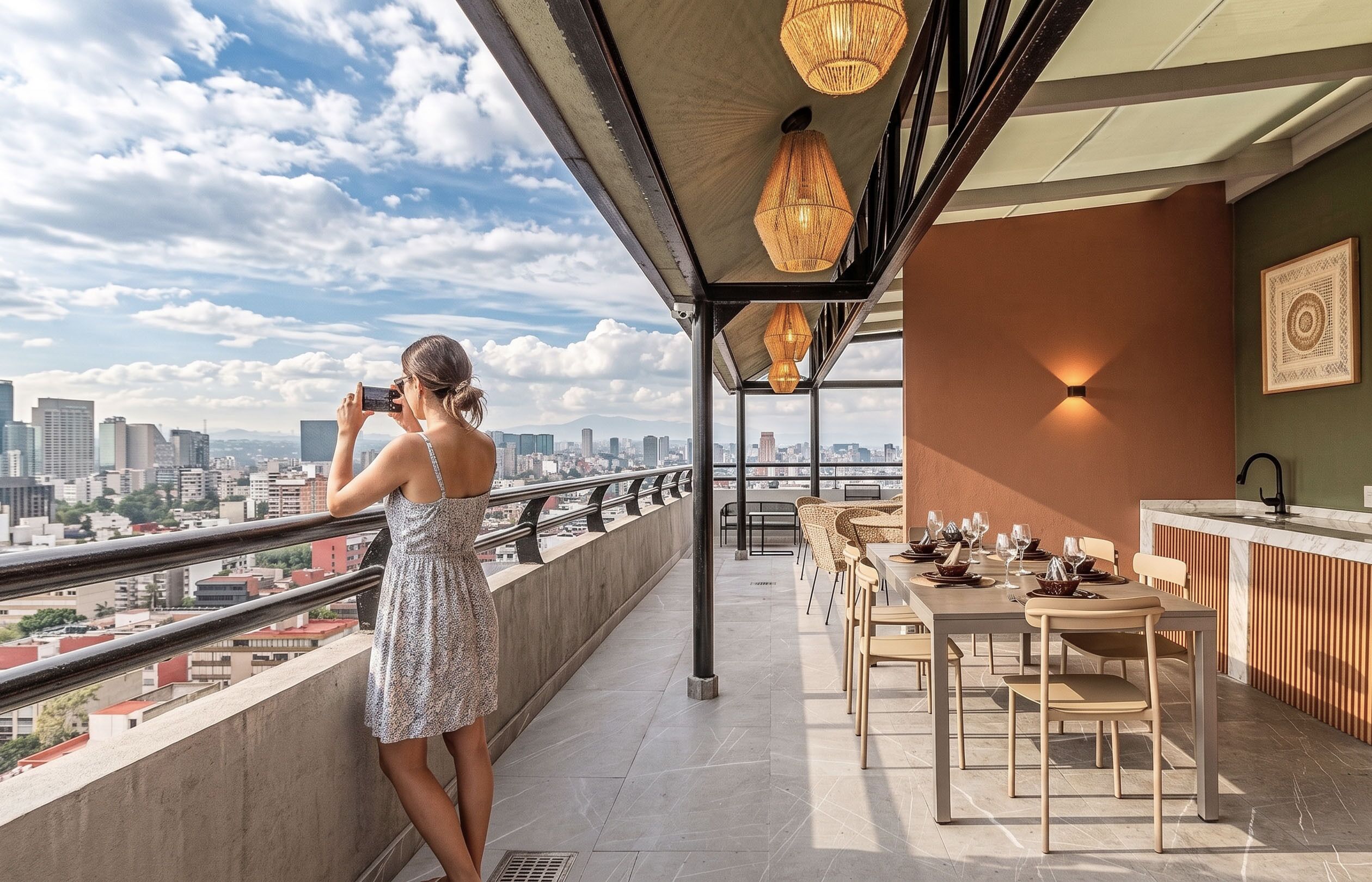 Een vrouw maakt een foto op een balkon, met uitzicht op een stadsgezicht.
