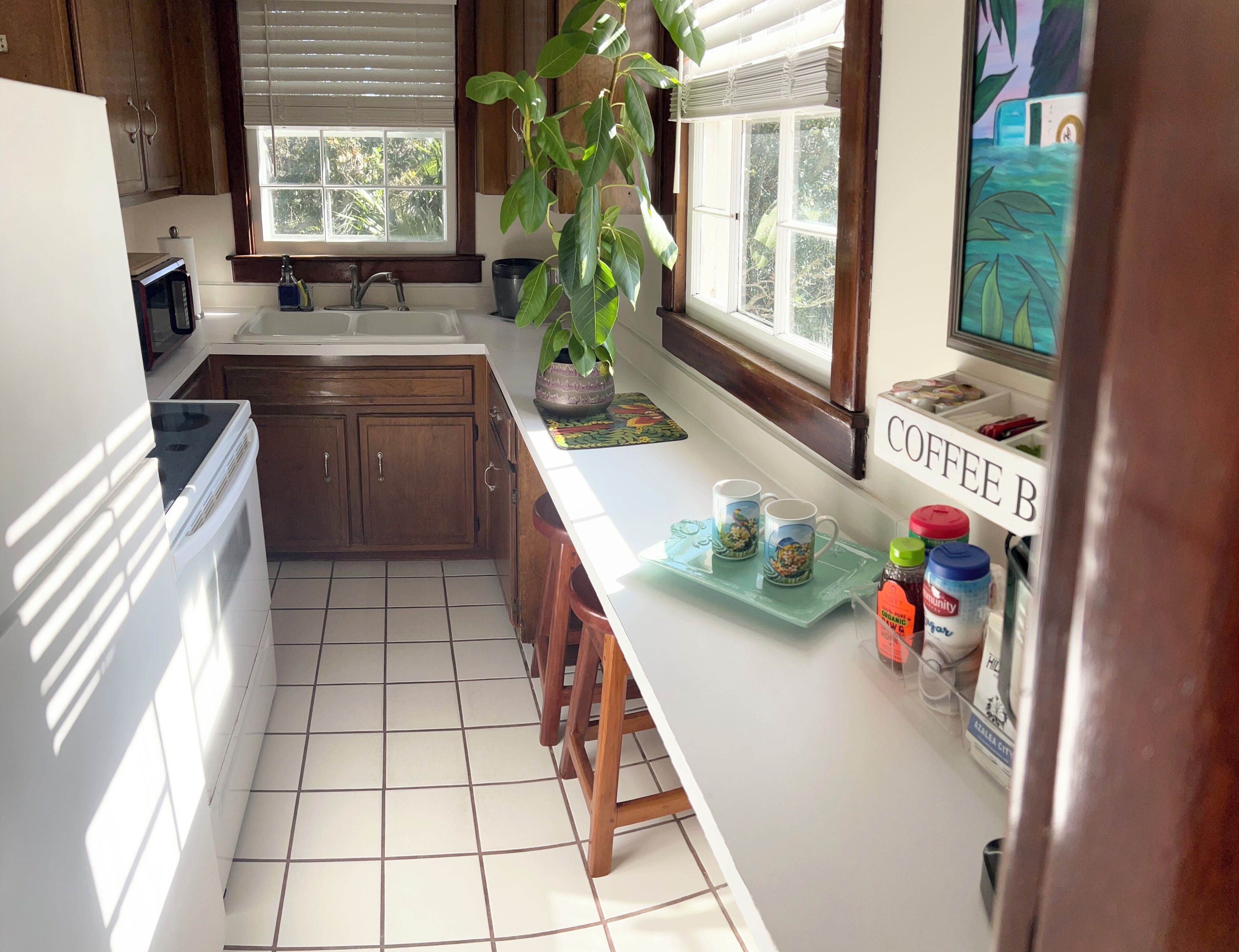 A kitchen with wooden cabinets, a white countertop, a sink, a microwave, a potted plant, and a coffee station.
